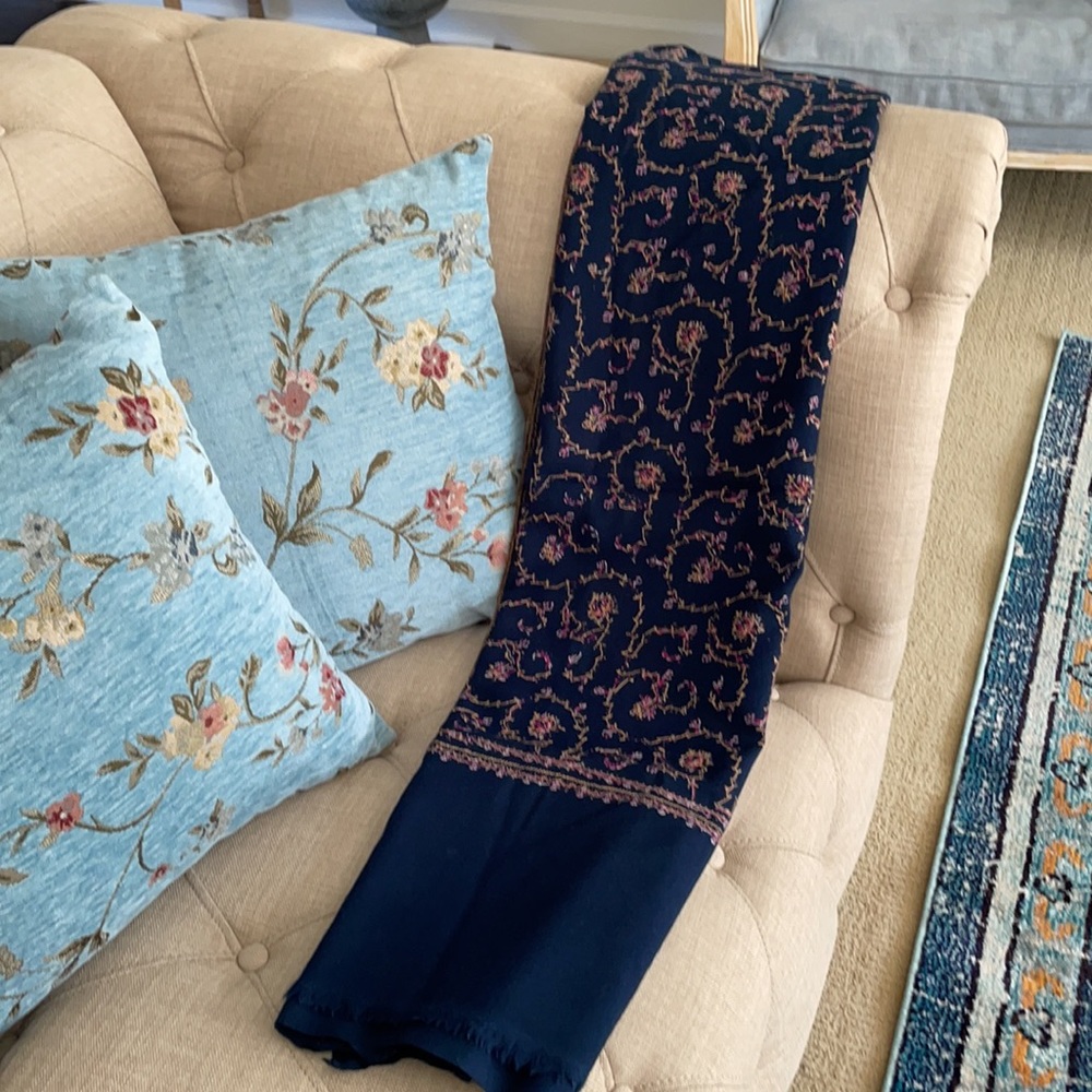 Pure wool blue embroidered oversized shawl / wrap